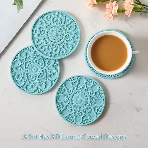 Colinda Turquoise Silicone Coasters Set of 6 with Holder - Non-Slip Drink Mats for Hot & Cold Beverages
