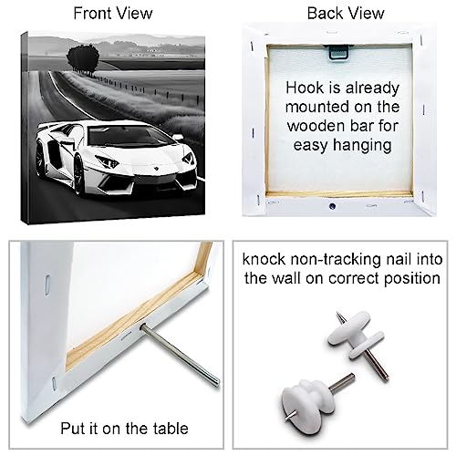 4-Piece Sports Car Canvas Wall Art Set, 8x8 Inch Racing Car Prints Decor