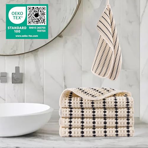 POLYTE 430 GSM Microfiber Waffle Wash Cloth Face Towel - Light Beige/Black, 13x13 in