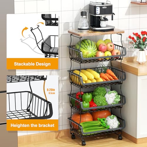 5-Tier Fruit and Vegetable Storage Basket Cart with Wheels & Wood Top