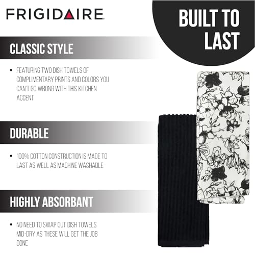 2-Piece Cotton Kitchen Towel Set - 16 x 26 Inch Dish Towels, Black Floral