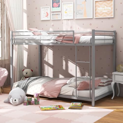 Twin Over Twin Metal Bunk Bed, Heavy Duty Low Floor Bed Frame with Ladder