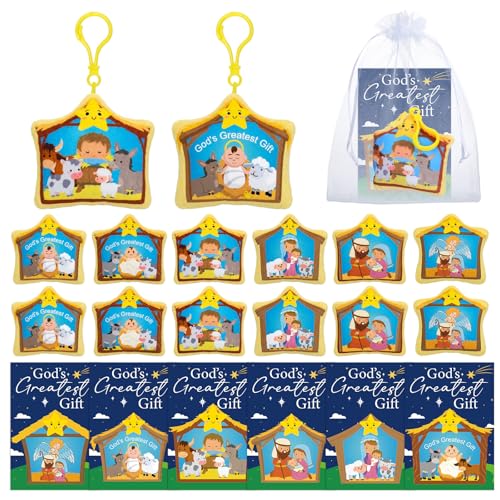 24 Pack Religious Christmas Nativity Gifts with Baby Jesus & Lamb Keychains - Bulk Holiday Decorations & Stocking Stuffers - 4 Inch