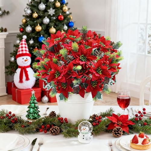 Agusbagli 24 Pcs Red & Green Artificial Christmas Poinsettia Flowers 12" Faux Floral Bouquet for Holiday Decor