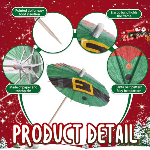 Vesici 200 Pcs Christmas Cocktail Umbrellas Santa Elf Belt - 2 Patterns, 100 Each