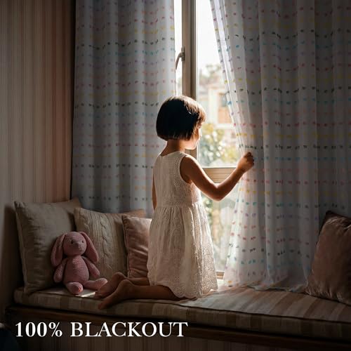 Rainbow Pom Pom Blackout Curtains, Double Layer Tulle Window Drapes, 52x84