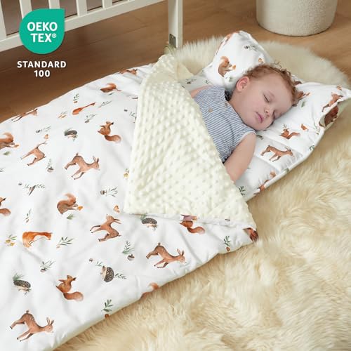 Toddler Nap Mat with Pillow and Minky Fleece Blanket, 55"x23" Woodland Animal