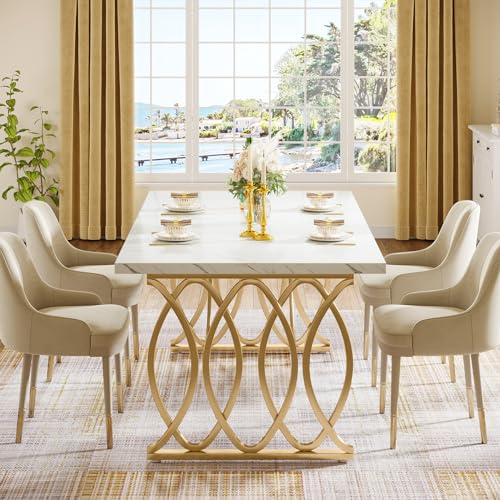 63-Inch Modern Rectangular Dining Table, White Faux Marble and Gold Legs
