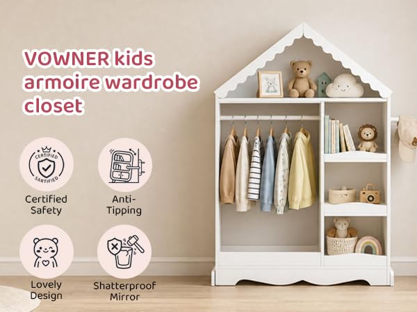 Kids Wardrobe Closet with Mirror, Hanging Rod & Storage Shelves (White)