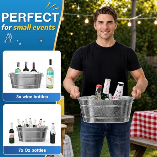 Small Galvanized Beverage Tub with Handles - 3 Gallon Ice Cooler for Parties