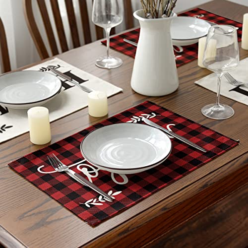 Black/Red Buffalo Plaid Placemats Set of 4 - 12 x 18 Inch Washable Dining Table Mats