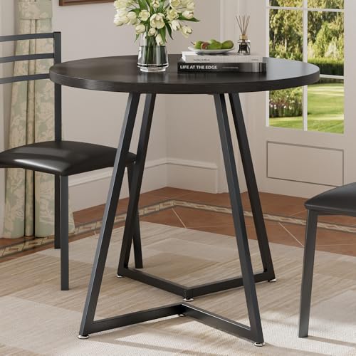 31.5-Inch Round Dining Table with Wood Grain Top and Steel Frame