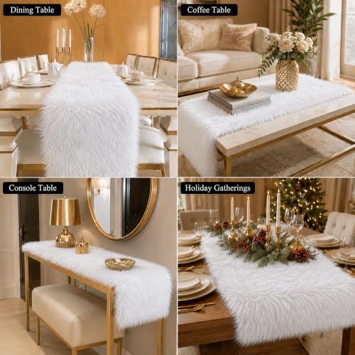 White Faux Fur Table Runner 11.8 x 59.0 Inch - TopAufell Christmas Holiday Decor