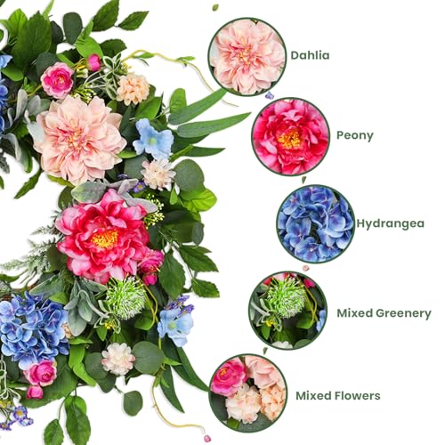 24-Inch Artificial Spring Wreath for Front Door, Floral Eucalyptus Wreath
