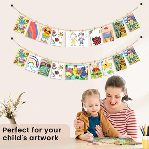 Bohemian Wood Bead Photo Display Garland with 10 Clips, 54.8-inch Wall Decor