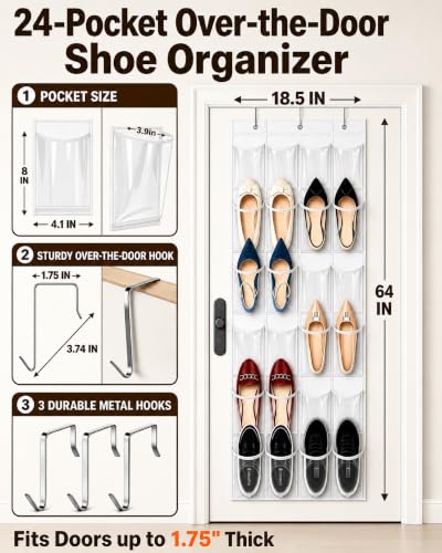 Over-the-Door Shoe Organizer, 24 Clear Pockets Hanging Storage Rack