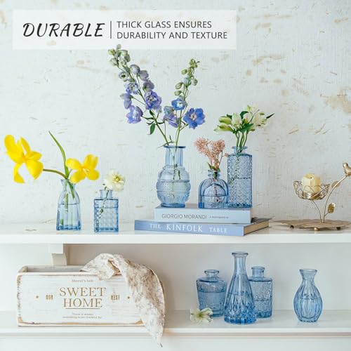 Blue Glass Bud Vases Set of 16 - Vintage Mini Flower Vases for Centerpieces