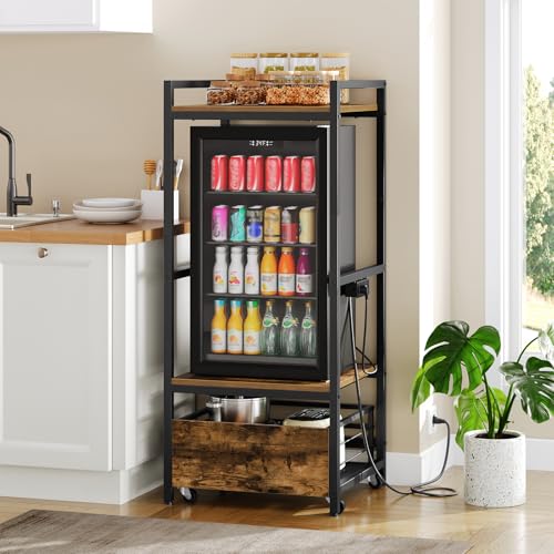Mini Fridge and Microwave Stand with Power Outlet and Storage Drawer