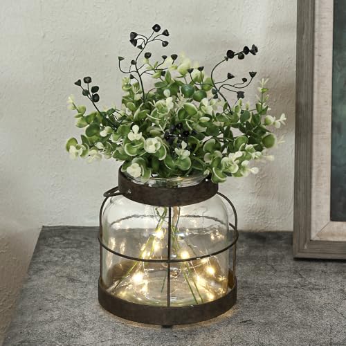 Vintage Glass Farmhouse Vase Lantern with Artificial Plants & Lights