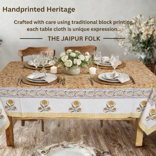 Hand Block Printed Floral Cotton Tablecloth 60x90 in - Pink Yellow, Dust Proof & Wrinkle Resistant