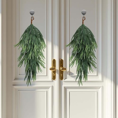 28-Inch Faux Norfolk Pine Christmas Teardrop Door Swags - Set of 2