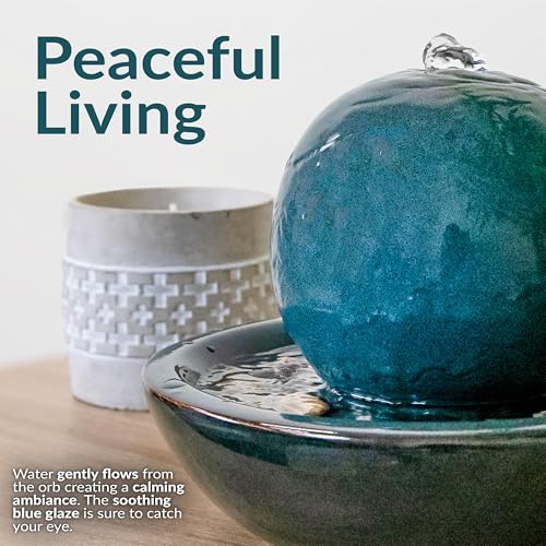 Ceramic Tabletop Water Fountain with Orb - Teal Glazed Indoor Decor