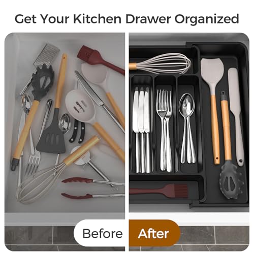 Expandable Silverware Drawer Organizer - Extra Large Cutlery Tray, Black