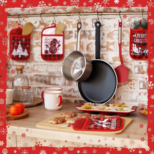 Jingmore 12 Pcs Christmas Pot Holders with Pocket – Classic Red Cotton Oven Mitts