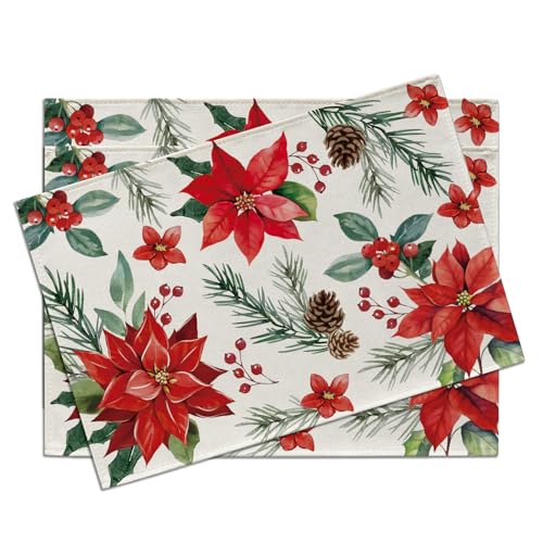Christmas Poinsettia Placemats Set of 4 - Holiday Red Flower Table Decor