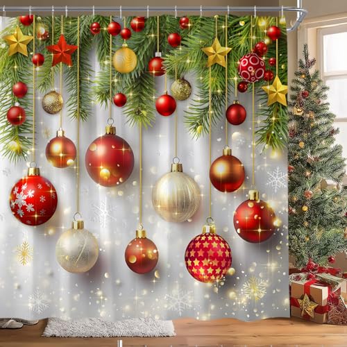 Christmas Ball Shower Curtain Set 70x70 in Red Green Pine Snowflakes with Hooks - HYKHYK