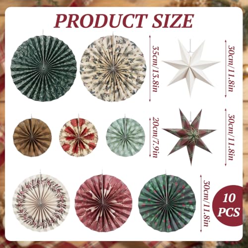 10 Pcs Christmas Hanging Decorations, Paper Fans and Star Lanterns,