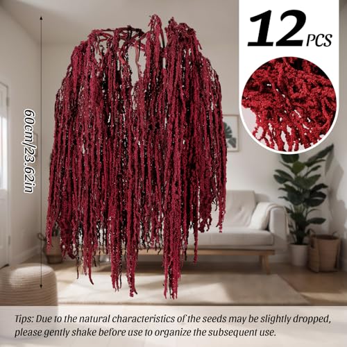 Red Natural Dried Amaranthus Hanging Flowers, 12 Pcs 23-Inch Preserved Stems