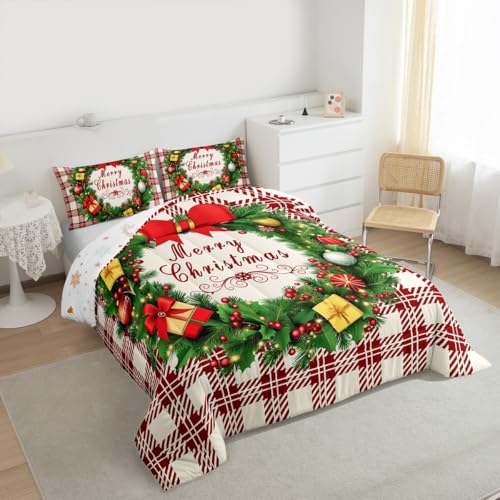 Feelyou Checkered Wreath Comforter Set Twin Size Christmas Bedding Beige Red Green