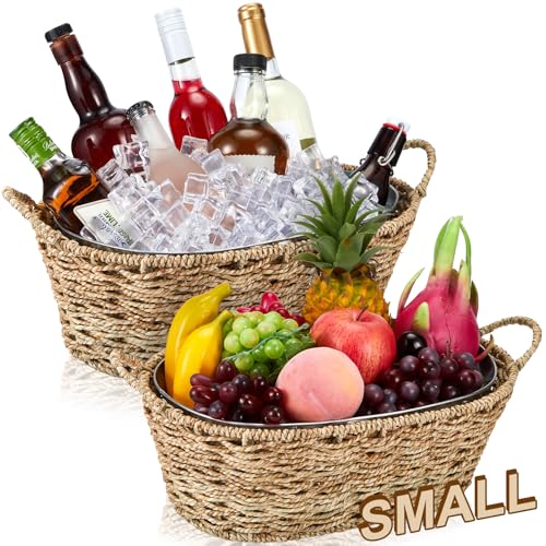 Domensi Set of 2 Wicker-Exterior Ice Buckets, 3-Gallon Beverage Coolers