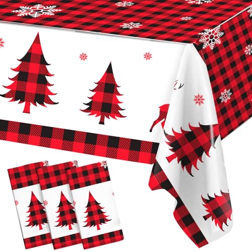Staraise 3Pcs Red & Black Buffalo Plaid Christmas Tablecloths 51.2x86.6in Disposable Waterproof