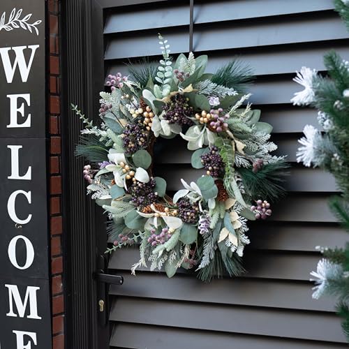 Artificial Winter Wreath for Front Door 22-Inch Rustic Evergreen Decor