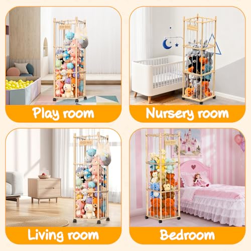 3-Tier Wooden Stuffed Animal Storage Organizer with Wheels, Mobile Toy Zoo