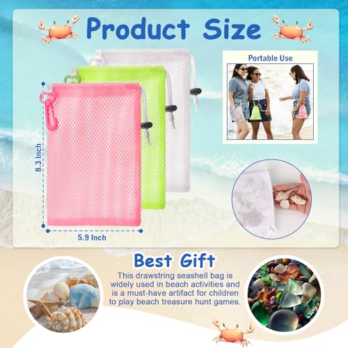 3 Pcs Mesh Beach Bags for Kids, Shell Collecting Net with Toggle Closure