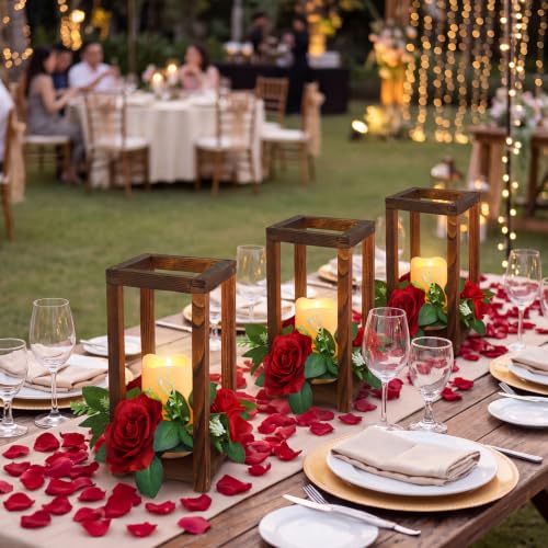 Hushee 60-Piece Wooden Wedding Lantern Centerpieces, Brown & Red with 20 LED Candles
