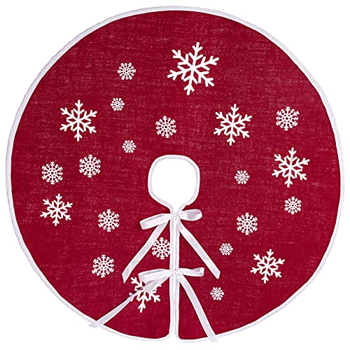 30-Inch Red Burlap Christmas Tree Skirt with Snowflake Print & Ribbon Ties