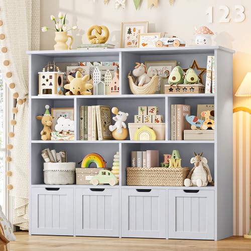 Kids Toy Storage Organizer with Movable Drawers and Bookshelf, Gray