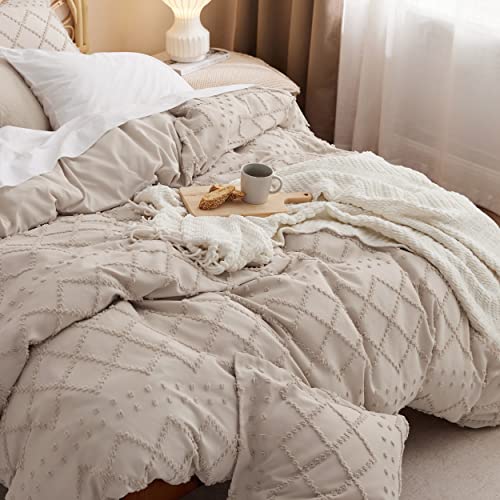 Boho Duvet Cover Set Queen - Soft Tufted Texture, 3-Piece