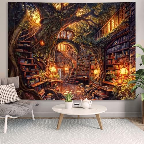 Vintage Forest Library Tapestry - Fantasy Bookshelf Wall Hanging (80 x 60 in)