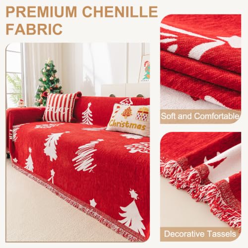 Smiry Chenille Couch Cover for 3-Cushion Sofa, Dog Hair Protection, Red Christmas Tree 88.5x118 Inch