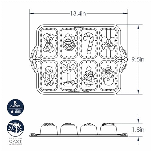 Nordic Ware Holiday Mini Loaves Pan – 6-Cup Cast Aluminum, 8 Detailed Holiday Loaves