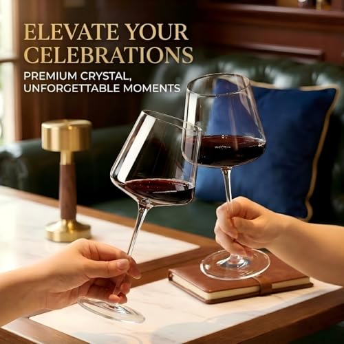 Set of 4 Hand-Blown Square Red Wine Glasses, 18oz Lead-Free Crystal Stemware
