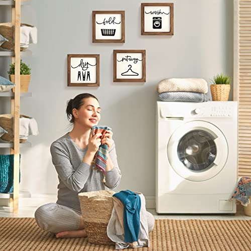 Rustic Farmhouse Laundry Room Wall Decor, Set of 4 Wooden Signs 8x8 Inch