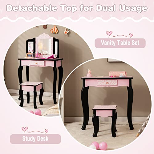 Kids Vanity Set with Tri-Folding Mirror and Stool, Pink Leopard Print