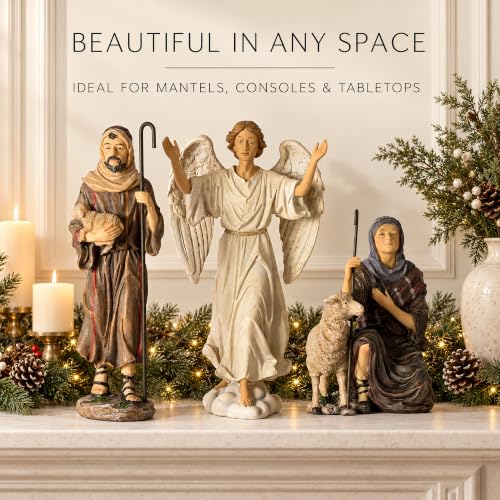 Three Kings Gifts 14-Inch Nativity Add-On Set — 3-Piece Polystone Shepherds & Angel with Sheep