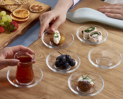 Pasabahce Set of 6 Clear Glass Tea & Coffee Saucers - Microwave Safe Turkish Tea Cups